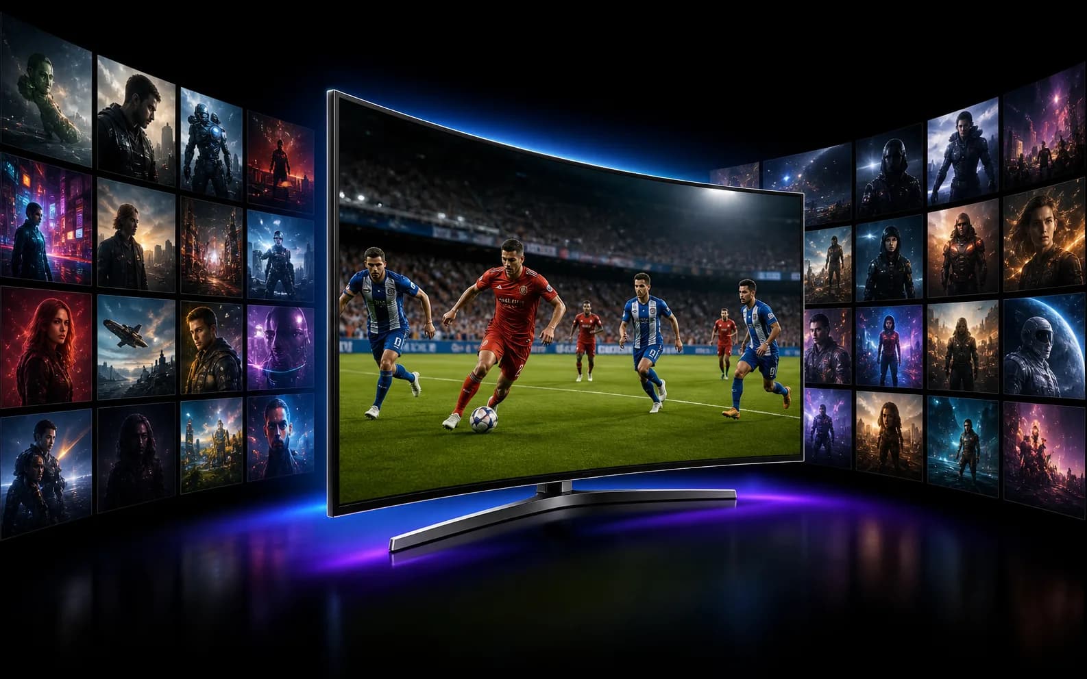 IPTV auf einem gebogenen Smart-TV, umgeben von Filmen und Serien